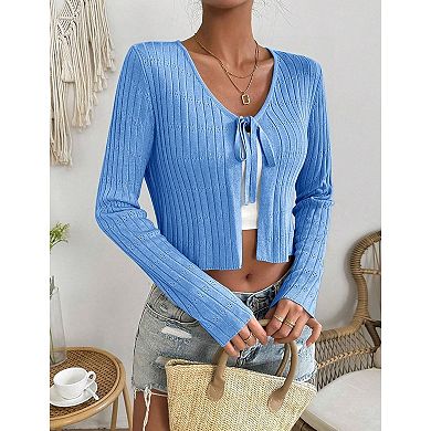 Women's 3/4 Sleeve Cropped Cardigan Sweaters Open Front Hollow Out Knit Bolero Shrugs