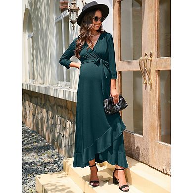 Women's Maternity Dress V Neck 3/4 Sleeve Ruffle Long Dress High Waist A Line Maxi Dress With Belt