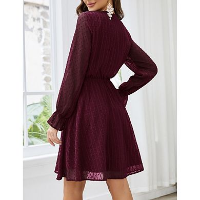 Women V Neck Long Sleeve Dress Lace Flowy Polka Dot Chiffon Wrap Midi Dresses