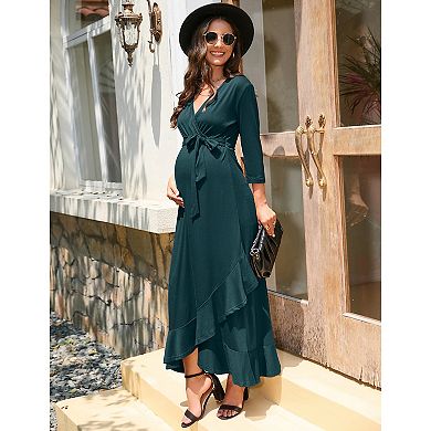 Women's Maternity Dress V Neck 3/4 Sleeve Ruffle Long Dress High Waist A Line Maxi Dress With Belt