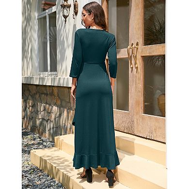 Women's Maternity Dress V Neck 3/4 Sleeve Ruffle Long Dress High Waist A Line Maxi Dress With Belt