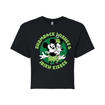 Disney's Mickey & Minnie Mouse Juniors' Shamrock Wishes Irish Kisses Cropped Tee