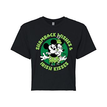 Disney's Mickey & Minnie Mouse Juniors' Shamrock Wishes Irish Kisses Cropped Tee