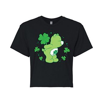 Juniors' Care Bears Good Luck Bear Shamrock Cropped Tee