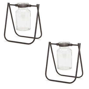 Hanging Glass Jar Vase With Metal Stand (set Of 2)