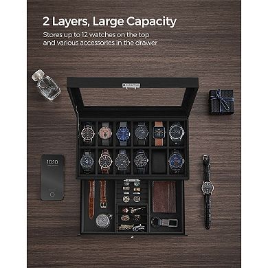 Watch Box 12 Mens Watch Organizer Jewelry Display Case with Lock and Keys