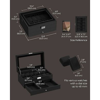 Watch Box 12 Mens Watch Organizer Jewelry Display Case with Lock and Keys