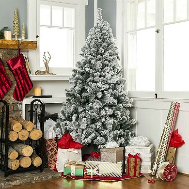Snow Flocked Faux Christmas Tree 7.5 Ft with Stand for Living Room, Green