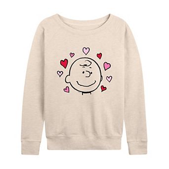Women's Peanuts Charlie Brown Face With Hearts French Terry Long Sleeve Tee