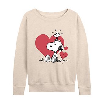 Women's Peanuts Snoopy & Woodstock Hearts French Terry Long Sleeve Tee