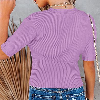 Womens Short Sleeve Sweaters Tops Crewneck Ribbed Pullover Shirt Slim Fit Knit Blouse
