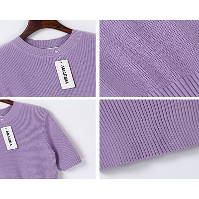 Womens Short Sleeve Sweaters Tops Crewneck Ribbed Pullover Shirt