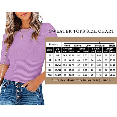 Womens Short Sleeve Sweaters Tops Crewneck Ribbed Pullover Shirt Slim Fit Knit Blouse