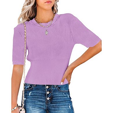 Womens Short Sleeve Sweaters Tops Crewneck Ribbed Pullover Shirt Slim Fit Knit Blouse