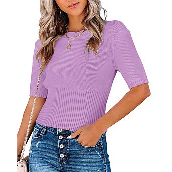 Womens Short Sleeve Sweaters Tops Crewneck Ribbed Pullover Shirt Slim Fit Knit Blouse