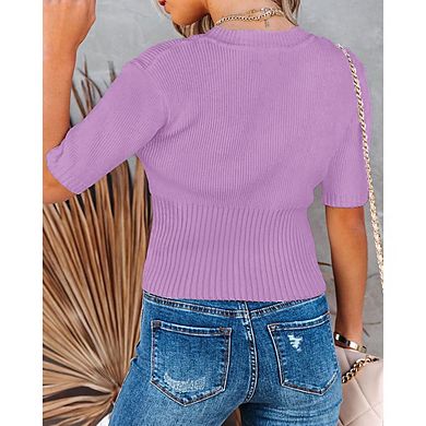 Womens Short Sleeve Sweaters Tops Crewneck Ribbed Pullover Shirt Slim Fit Knit Blouse