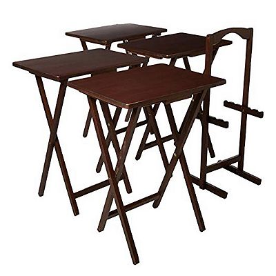 Pj Wood Folding Tv Tray Tables With Compact Storage Rack Walnut 5 Piece Set