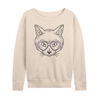 Women's Cat Heart Glasses French Terry Long Sleeve Tee