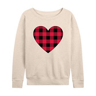 Women's Red Black Plaid Heart French Terry Long Sleeve Tee