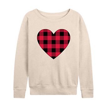 Women's Red Black Plaid Heart French Terry Long Sleeve Tee