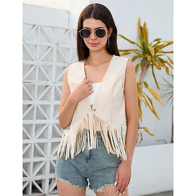 Fringe Demin Western Vests For Women Sleeveless Tassel Cowboy 70s Hippie Singal Button Crop Outwear