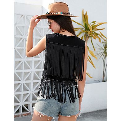 Fringe Demin Western Vests For Women Sleeveless Tassel Cowboy 70s Hippie Singal Button Crop Outwear