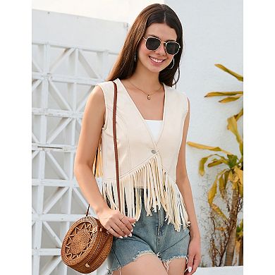 Fringe Demin Western Vests For Women Sleeveless Tassel Cowboy 70s Hippie Singal Button Crop Outwear