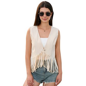 Fringe Demin Western Vests For Women Sleeveless Tassel Cowboy 70s Hippie Singal Button Crop Outwear