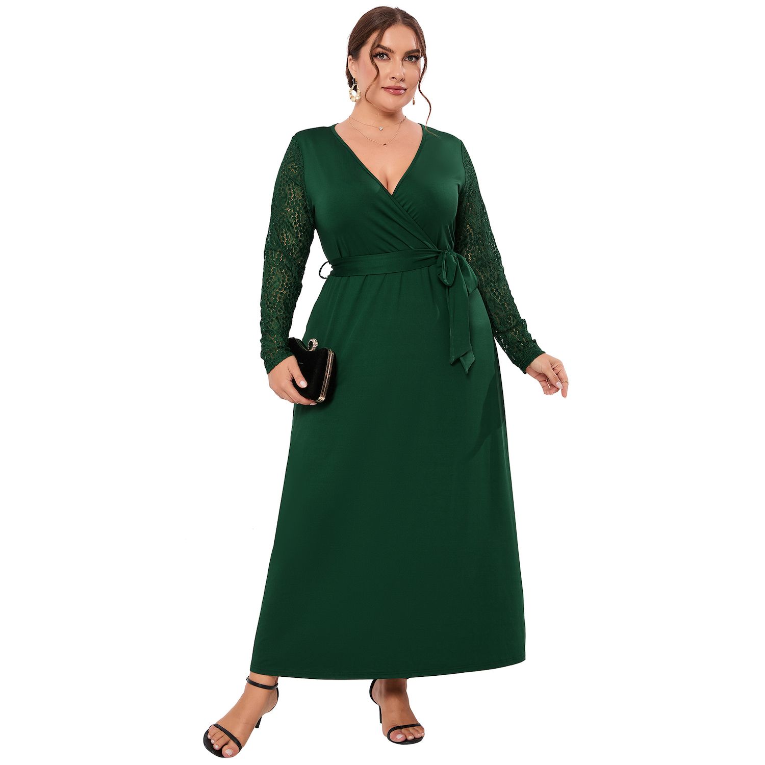 Plus Size Wrap V Neck Maxi Dress For Women Formal Curvy Long Dresses Lace  Short Sleeve