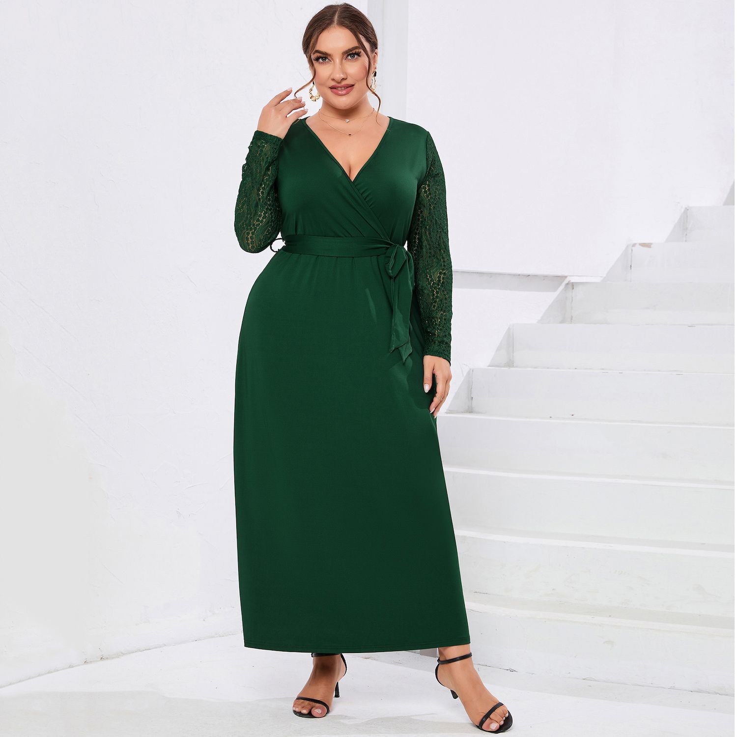 Plus Size Wrap V Neck Maxi Dress For Women Formal Curvy Long Dresses Lace  Short Sleeve