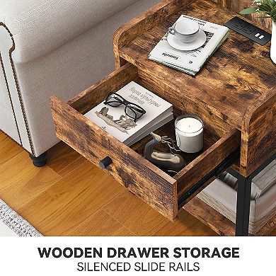 Fabato End Table And Nightstand With Charging Station And Drawer, Rustic Brown