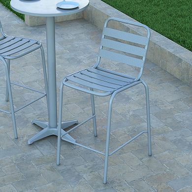 Emma and Oliver Jens Metal Dining Stool with Triple Slatted Back for Indoor and Outdoor Use