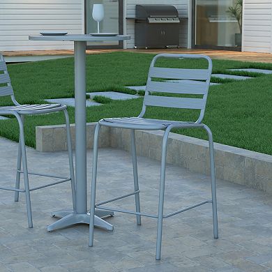 Emma and Oliver Jens Metal Dining Stool with Triple Slatted Back for Indoor and Outdoor Use
