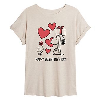 Juniors' Peanuts Snoopy & Woodstock Happy Valentine's Day Oversized Tee