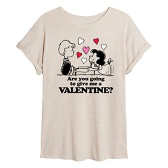 Juniors' Peanuts Lucy and Schroeder Valentine Oversized Tee
