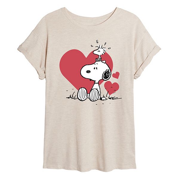 Juniors' Peanuts Snoopy & Woodstock Heart Oversized Tee