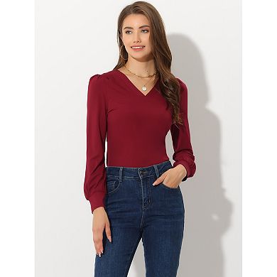 Women's Casual Office Top V Neck Long Sleeves Basic Loose Blouses