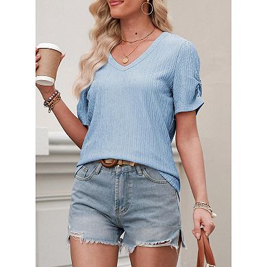 Womens V-Neck T Shirts Summer Short Sleeve Tops Casual Solid Color Tee Soft Basics Blouse