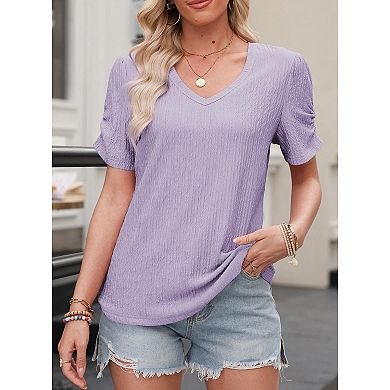 Womens V-Neck T Shirts Summer Short Sleeve Tops Casual Solid Color Tee Soft Basics Blouse