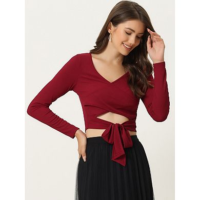 Women's V Neck Knot Front Long Sleeve Faux Wrap Crisscross Crop Top
