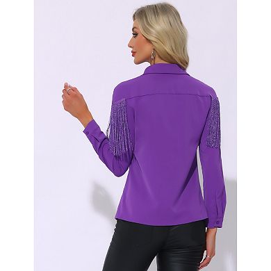 Women's Fringe Blouse Long Sleeve Button Down Disco Party Shirts