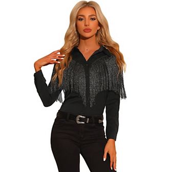 Women's Fringe Blouse Long Sleeve Button Down Disco Party Shirts