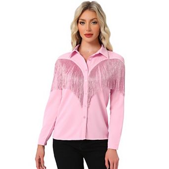 Women's Fringe Blouse Long Sleeve Button Down Disco Party Shirts