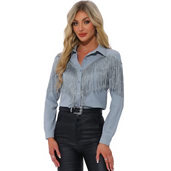 Women's Fringe Blouse Long Sleeve Button Down Disco Party Shirts