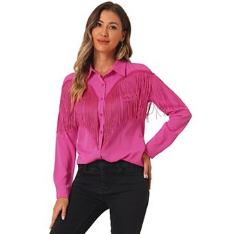 Women's Fringe Blouse Long Sleeve Button Down Disco Party Shirts