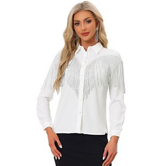 Women's Fringe Blouse Long Sleeve Button Down Disco Party Shirts