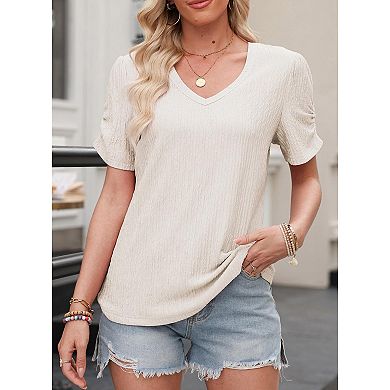 Womens V-Neck T Shirts Summer Short Sleeve Tops Casual Solid Color Tee Soft Basics Blouse