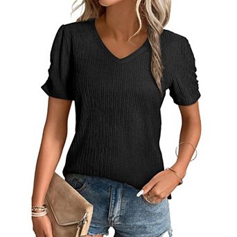 Womens V-Neck T Shirts Summer Short Sleeve Tops Casual Solid Color Tee Soft Basics Blouse