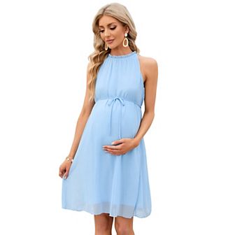 Maternity Ruffle Halter Neck Dress Summer Casual Boho Sleeveless High Waisted Flowy Midi Dress