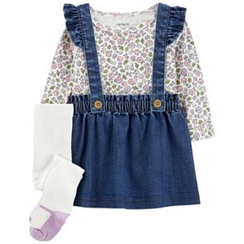 Baby Girl Carter's 3 pc Floral Long-Sleeve Tee & Chambray Jumper Set